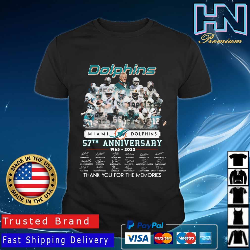 Funny Dolphins Miami Dolphins 57th Anniversary 1965 2022 Signatures Thank  You For The Memories Shirt, hoodie, sweater, long sleeve and tank top