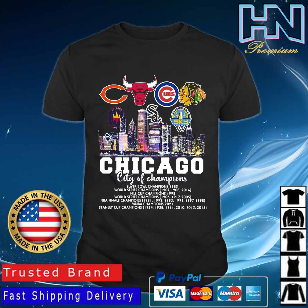 Chicago Bears Bulls Cubs Blackhawks city of Champions 4 teams sports circle  logo shirt, hoodie, sweater, long sleeve and tank top